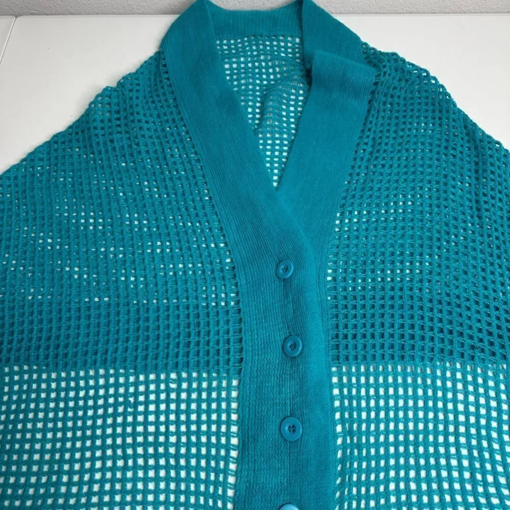 Fishnet Knit Button Up Cardishawl, Teal, Blue, OS